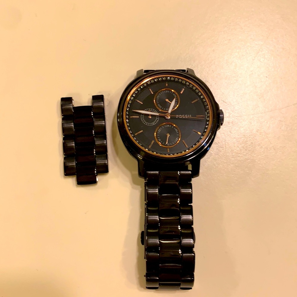 Black and rose gold Fossil watch
